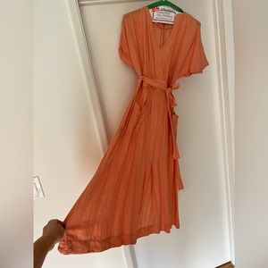 Madewell peach linen blend tie waist dress